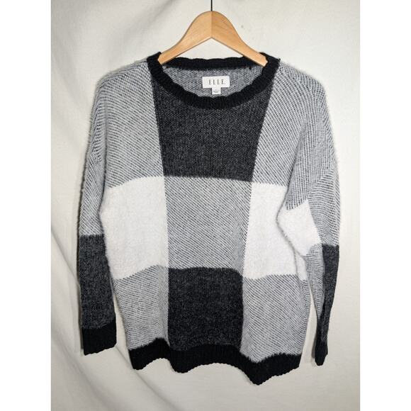 ELLE Womens Color Block Pullover Sweater Size L Longline Black Gray Cozycore - Picture 2 of 7